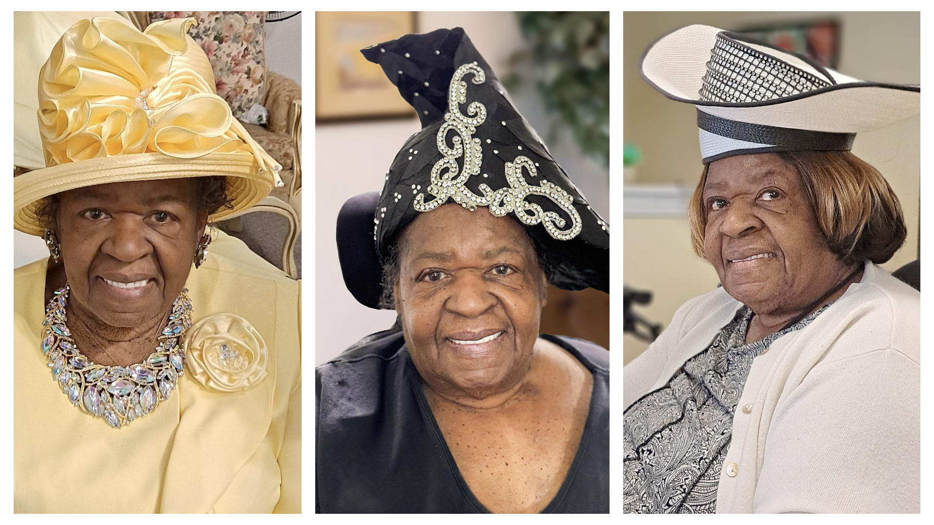 Senior woman in elegant hats: yellow with flowers, black with silver embellishments, and white with a black ribbon.
