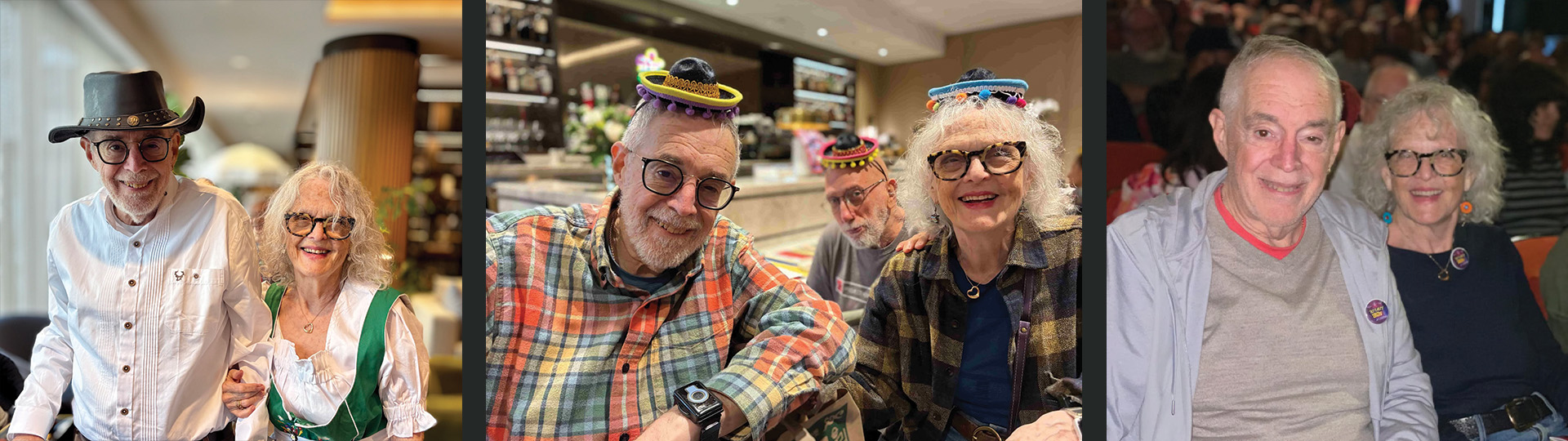 Three photos of a smiling elderly couple: dressed festively, wearing tiny colorful hats, and seated with event badges.