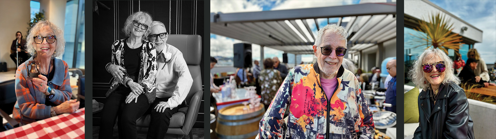 A series of portraits featuring elderly individuals, smiling and dressed in colorful attire, enjoying lively outdoor and indoor settings.