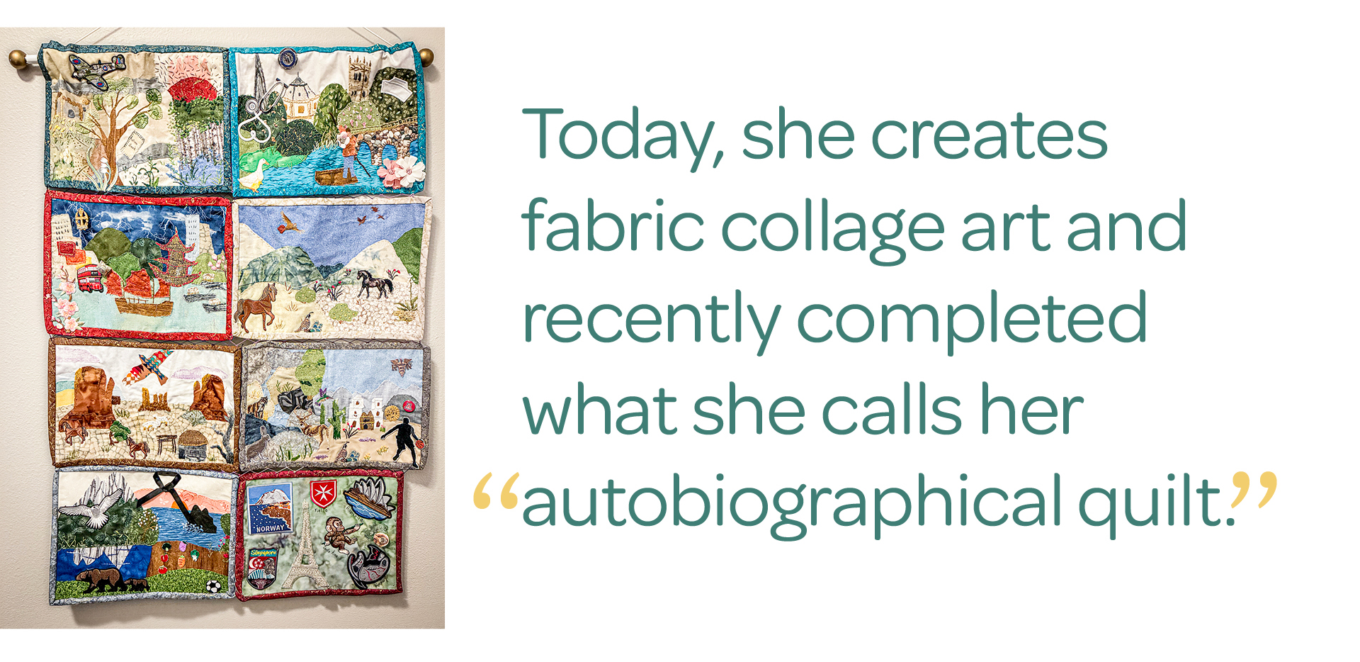 A fabric quilt made of nine colorful squares featuring various scenes and landmarks, next to text about an 