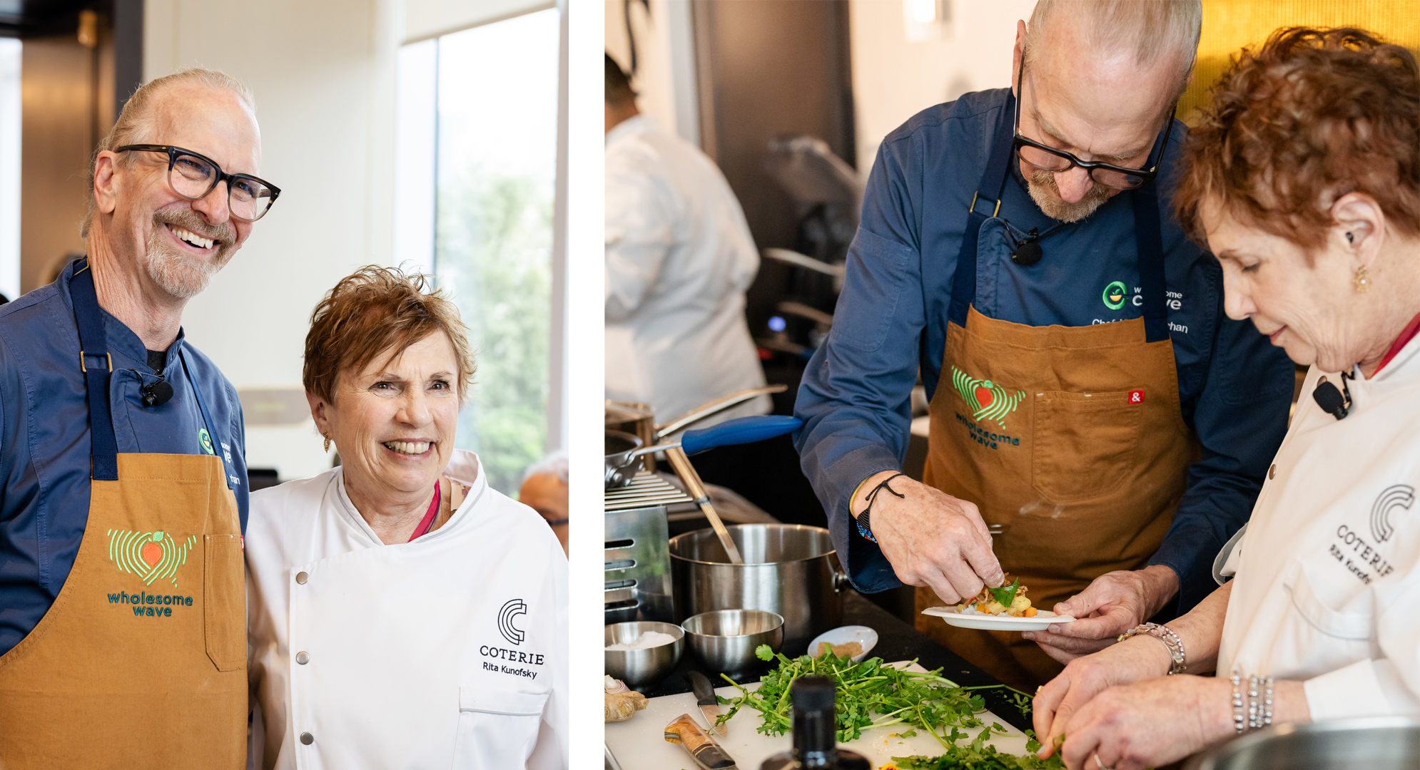 Two chefs smiling, wearing aprons. One chef prepares a dish with greens, assisted by another chef. Kitchen setting with cooking utensils visible.