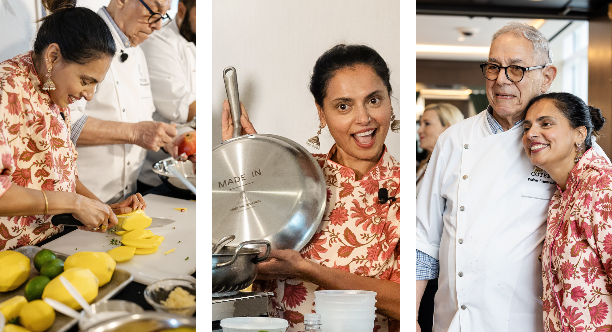 Chef in floral dress slices mangoes, holds a pan, and poses with a man in chef's attire at a culinary event.