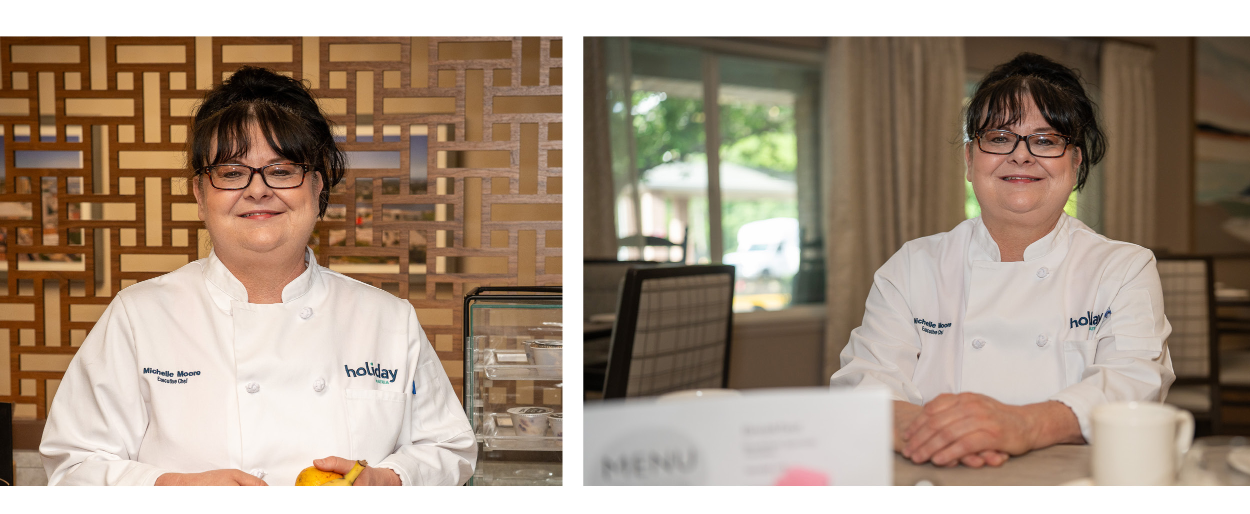 A smiling chef in a white uniform, holding a lemon in one image and sitting at a table in the other, with a patterned backdrop and blurred interior.