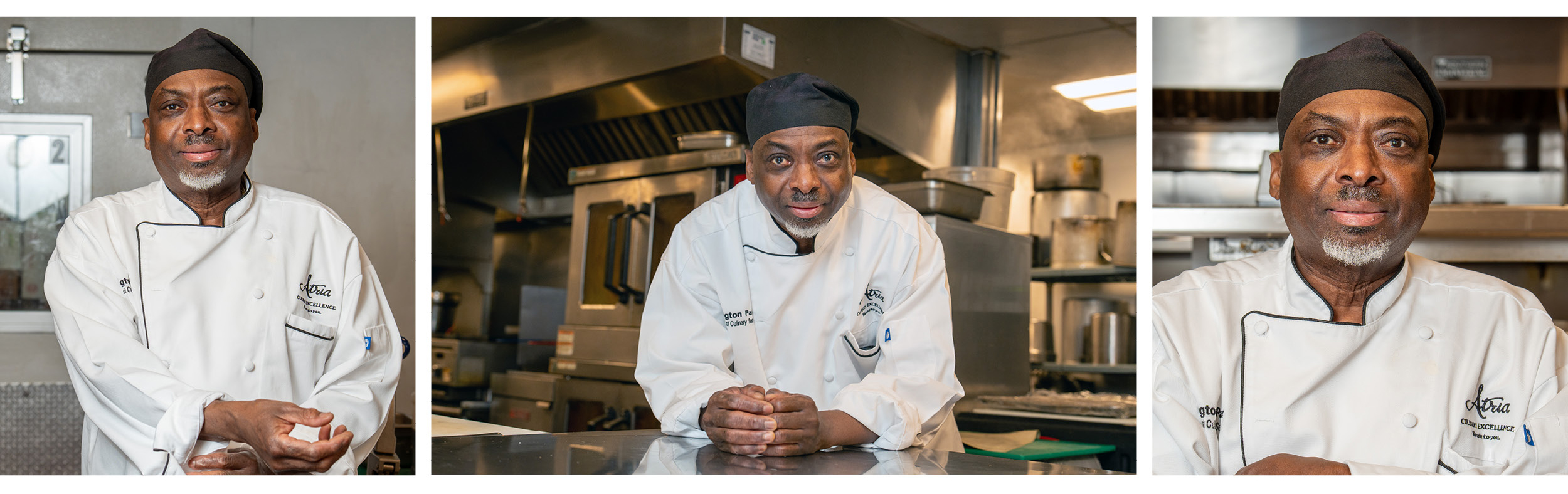 Three portraits of a chef in a professional kitchen, wearing a white chef's coat and black hat, with stainless steel appliances in the background.
