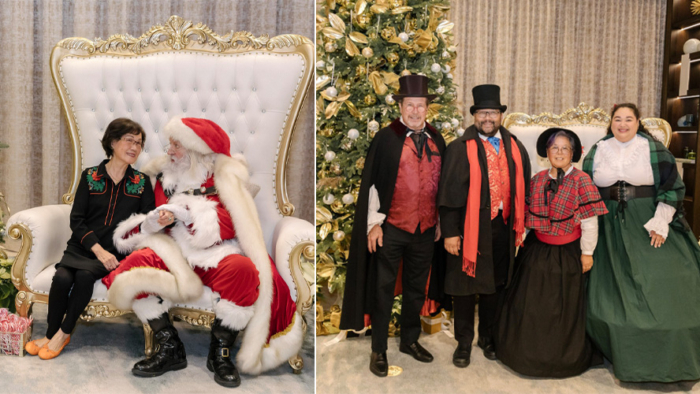 Coterie residents with Santa and carolers in Victorian garb