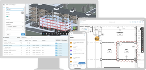 Computer and mobile screens showing architectural software with 3D building model, issue tracking, and floor plan details.