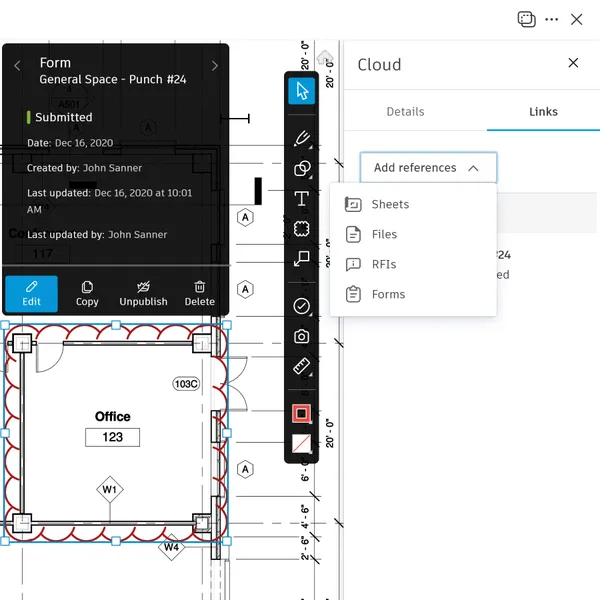 Construction Drawings Software with markups and issues.