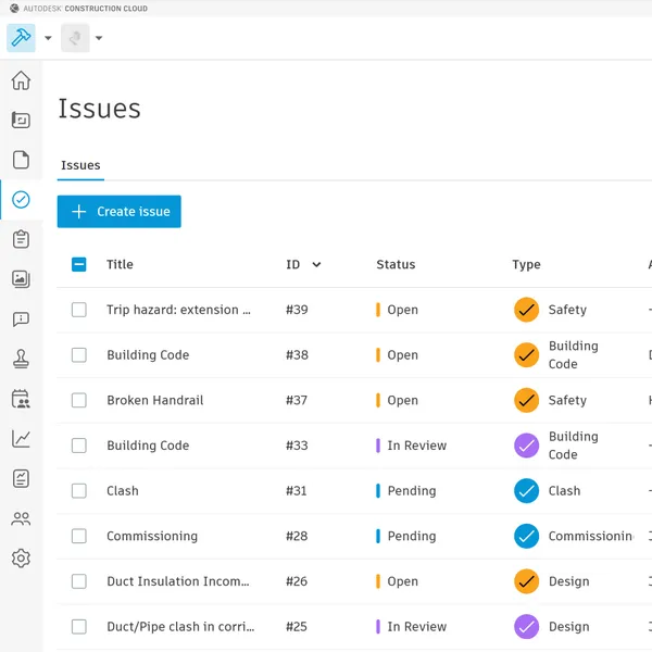 Track design, coordination, quality, safety, and commissioning issues in centralized Construction Issues Software.