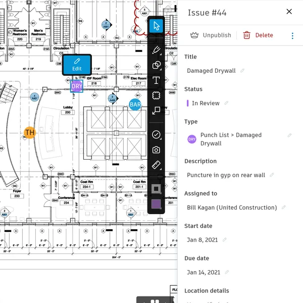 linking an issue to a jobsite drawing in Construction Issues Software.