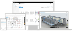 A computer and smartphone displaying Autodesk Forma software with architectural designs, reviews, and a 3D building model on their screens.