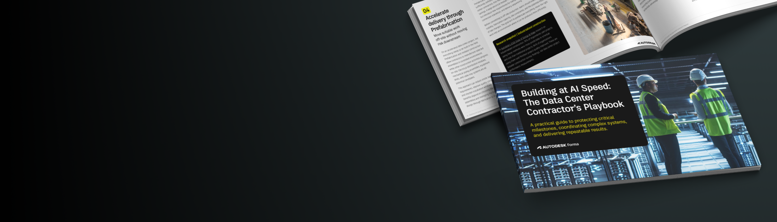 Open book titled "Building at AI Speed: The Data Center Contractor's Playbook" with an image of two workers in safety vests on the cover.