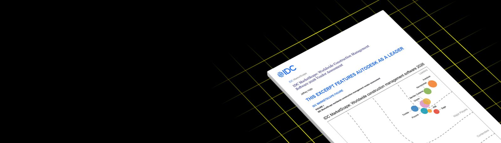 A document from IDC MarketScape featuring Autodesk as a leader in worldwide construction management software for 2026, with a grid chart.