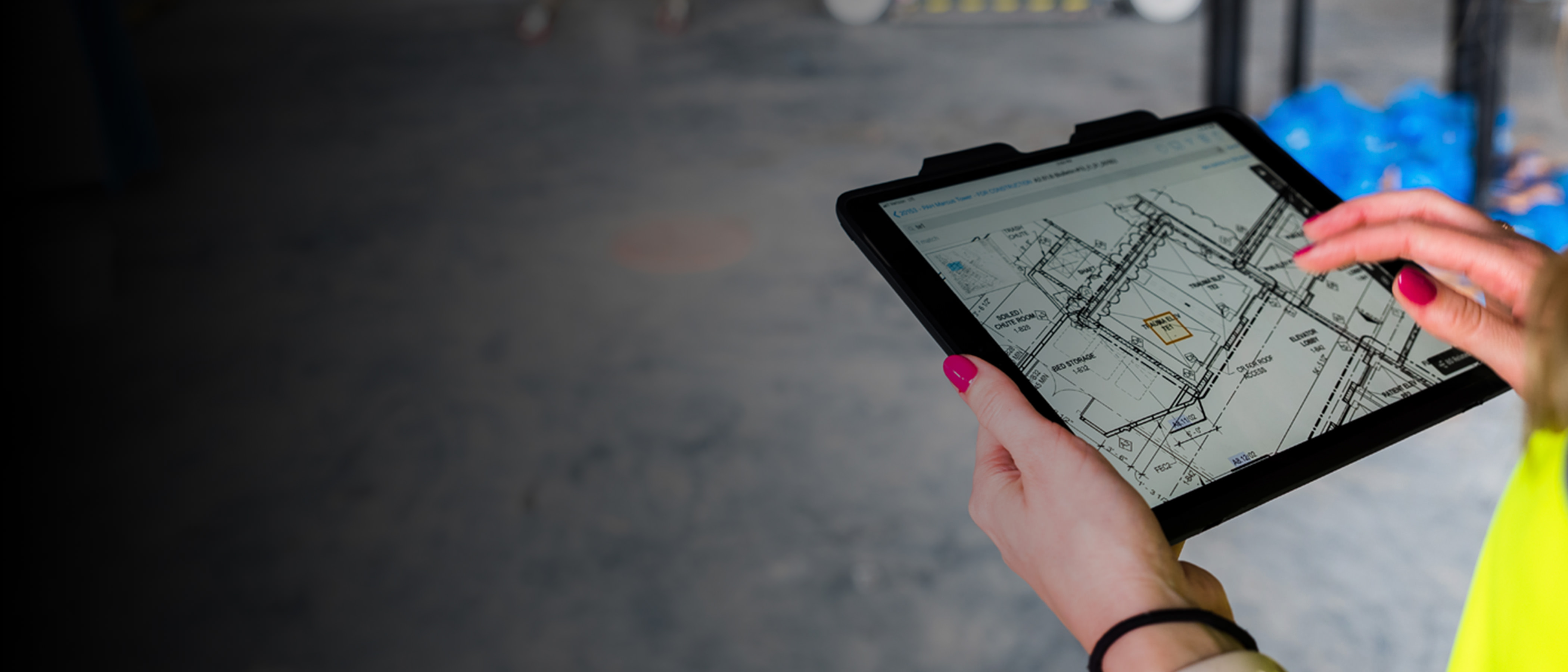 Tablet displaying a construction drawing
