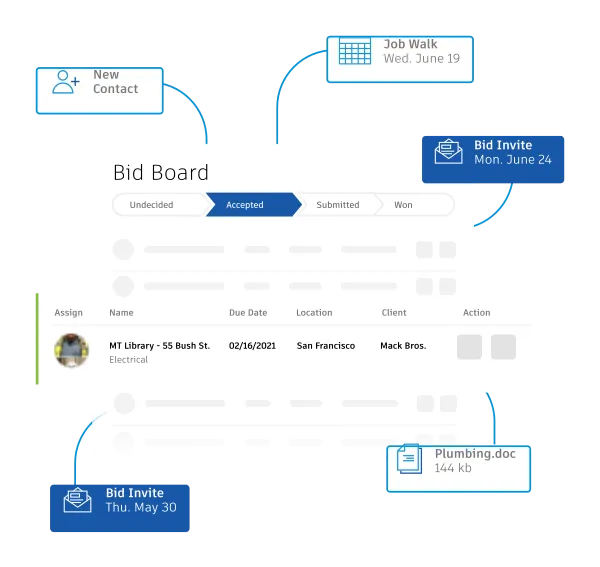 Keep track of bid invites, job walks, due dates, and more with the online bid board for subcontractors.