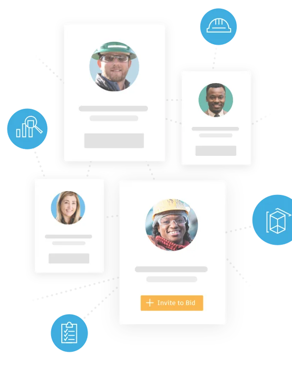 Construction contractor image cards connecting in a conceptual Builders Network to help teams find the right contractor for t