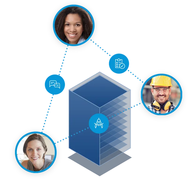 Construction, design, and office team-members connected over a schematic building image demonstrating collaboration to improve design and construction.