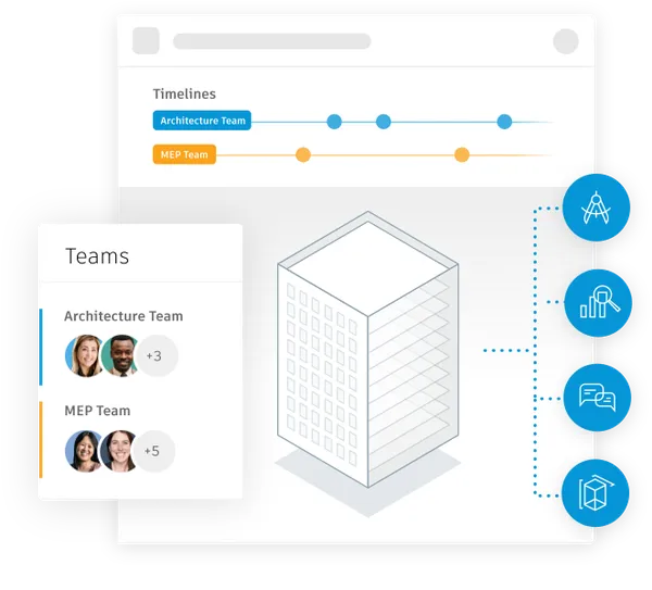 Architecture and Construction teams work together with design and construction collaboration software. Image of team members overlaid on schematic in construction software.