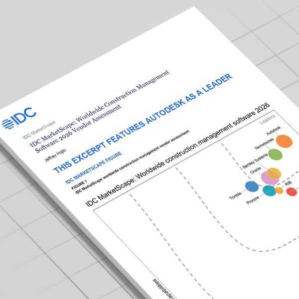 Document titled "IDC MarketScape: Worldwide Construction Management Software 2026 Vendor Assessment" showing Autodesk as a leader.