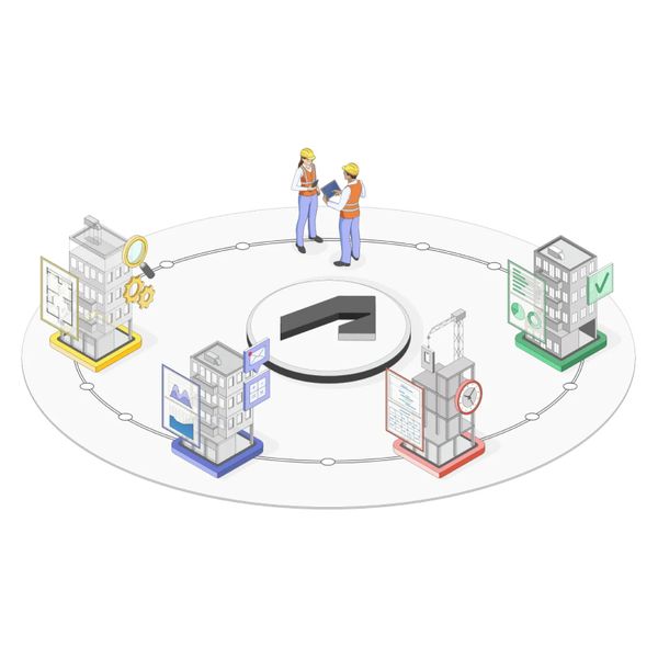 Illustration of two construction workers discussing plans, surrounded by a circular sequence of building icons and related graphics.