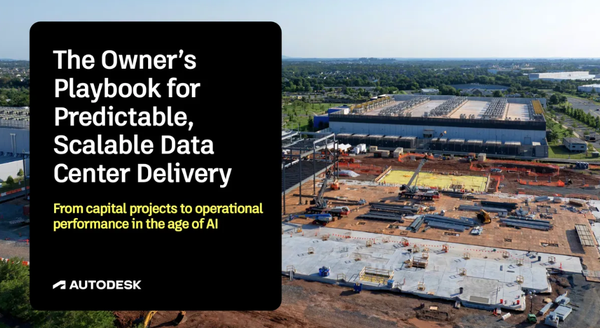 Construction site of a large data center with a building and equipment. Overlay text promotes a guide for scalable, predictable data center delivery.