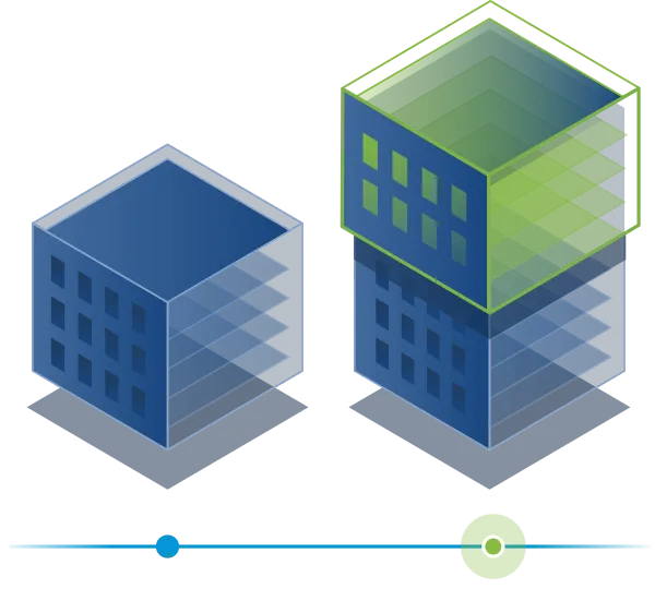 Schematic of buildings being designed. Visualized design changes improve design collaboration.