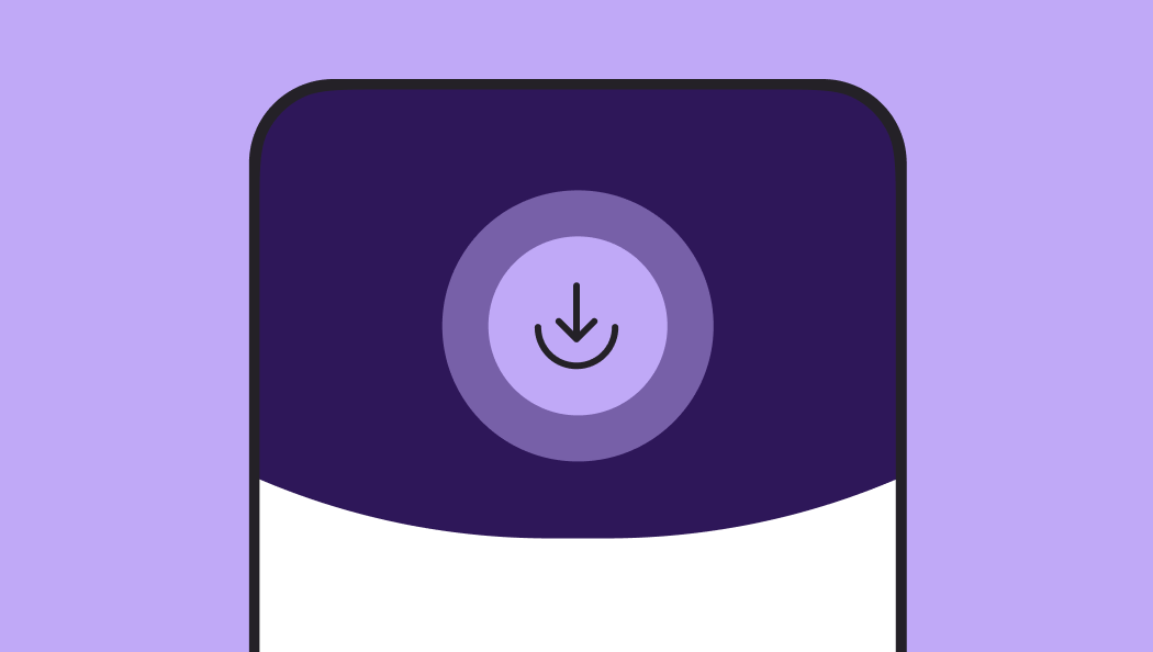 Stylized illustration of a download button, set against a purple background.