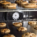 Chocolate chip cookies baking on trays in an oven, with the oven's fan visible in the background.