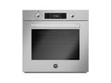 Stainless steel built-in oven with digital display, two control knobs, and a transparent door showing interior racks.