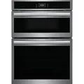 Stainless steel double wall oven with digital display and sleek handles, featuring a microwave on top and an oven below.