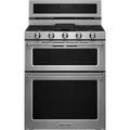 Stainless steel double oven gas range with five burners, digital control panel, and large glass windows on both oven doors.