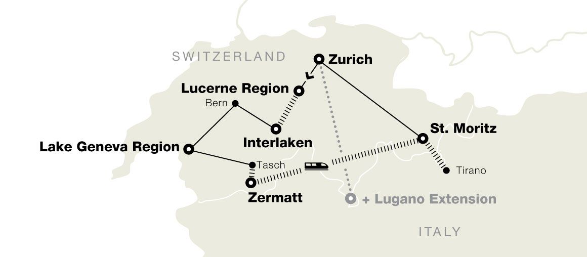 Map of Switzerland showing a travel route connecting Zurich, Lucerne Region, Interlaken, Zermatt, Lake Geneva Region, and St. Moritz.