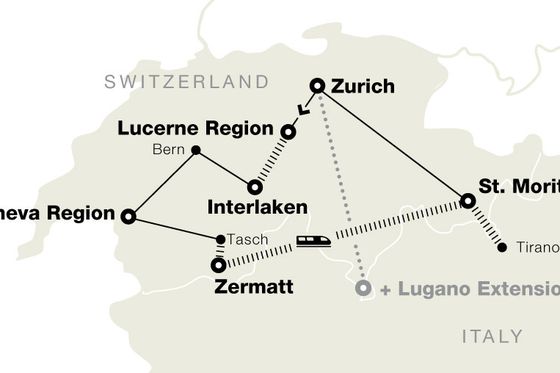 Map of Switzerland showing a travel route connecting Zurich, Lucerne Region, Interlaken, Zermatt, Lake Geneva Region, and St. Moritz.