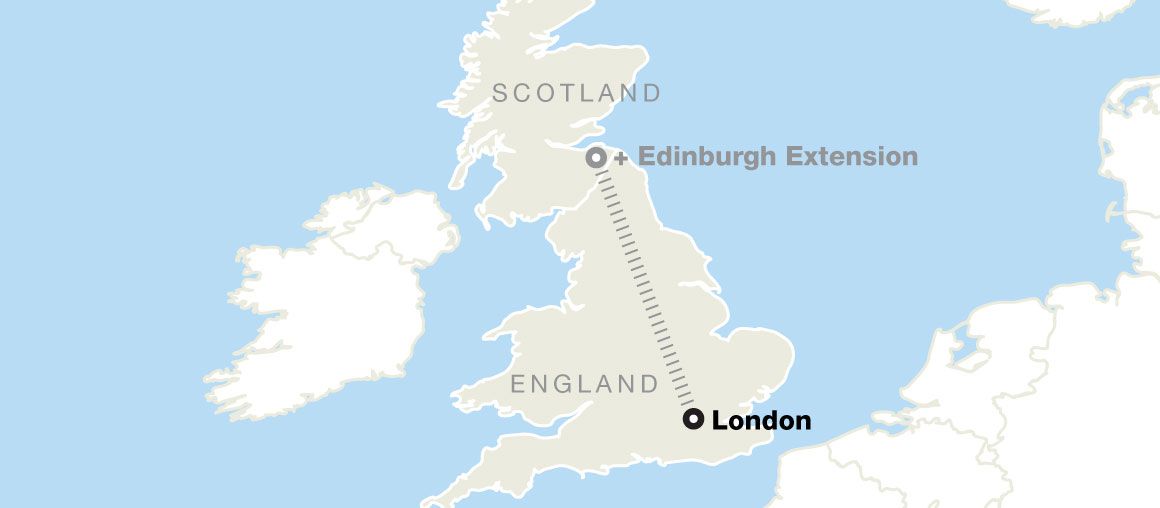 Map of the UK showing a dotted line between London and Edinburgh, indicating an extension from London in England to Edinburgh in Scotland.