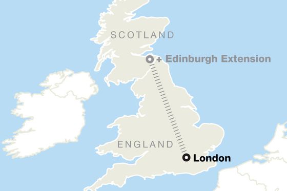 Map of the UK showing a dotted line between London and Edinburgh, indicating an extension from London in England to Edinburgh in Scotland.