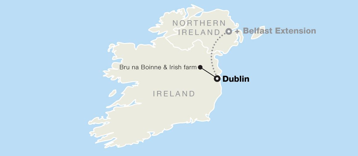 Map of Ireland showing Dublin, the location of Bru na Boinne and an Irish farm, and a dotted line indicating a Belfast extension.
