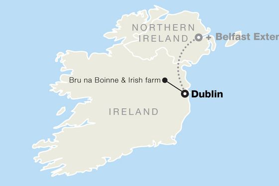 Map of Ireland showing Dublin, the location of Bru na Boinne and an Irish farm, and a dotted line indicating a Belfast extension.