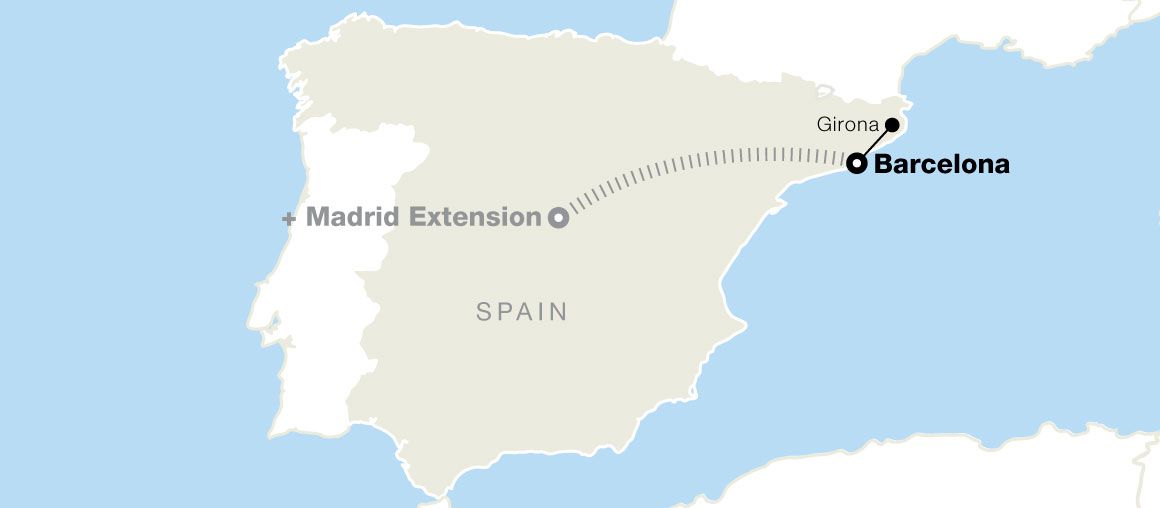 Map showing travel route from Barcelona to Girona in Spain, with an optional extension to Madrid.