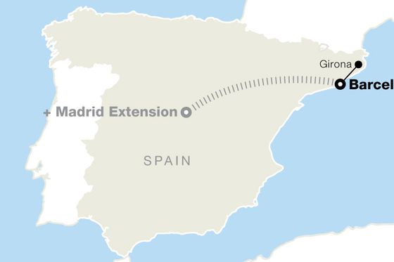 Map showing travel route from Barcelona to Girona in Spain, with an optional extension to Madrid.