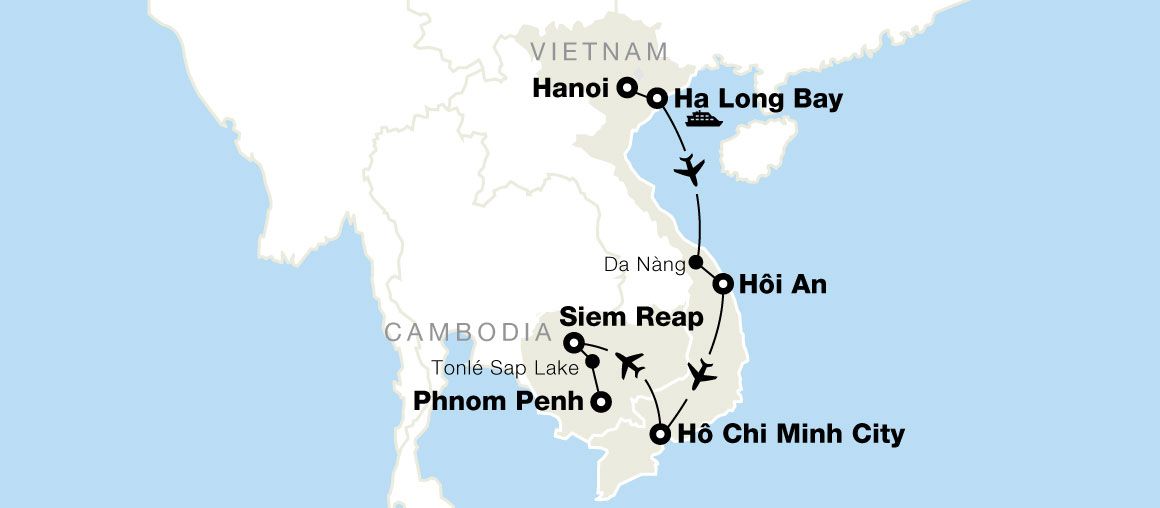 Map of Southeast Asia highlighting travel routes between Hanoi, Ha Long Bay, Hoi An, Ho Chi Minh City, Phnom Penh, and Siem Reap.