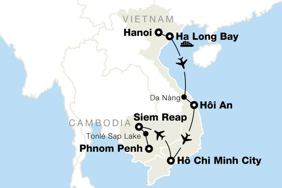 Map of Southeast Asia highlighting travel routes between Hanoi, Ha Long Bay, Hoi An, Ho Chi Minh City, Phnom Penh, and Siem Reap.