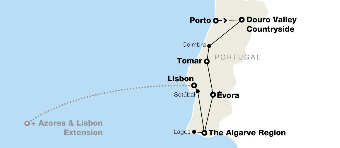 Map of Portugal showing a travel route from Porto to The Algarve Region, including Lisbon and Évora, with an Azores extension.