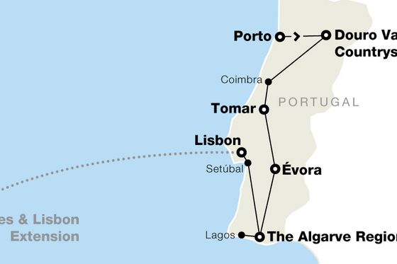 Map of Portugal showing a travel route from Porto to The Algarve Region, including Lisbon and Évora, with an Azores extension.