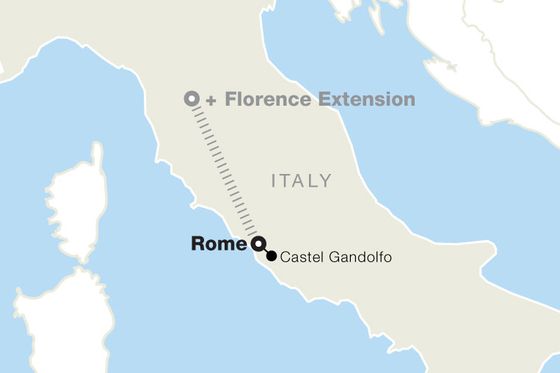 Map showing Italy, highlighting Rome, Castel Gandolfo, and a Florence extension route.