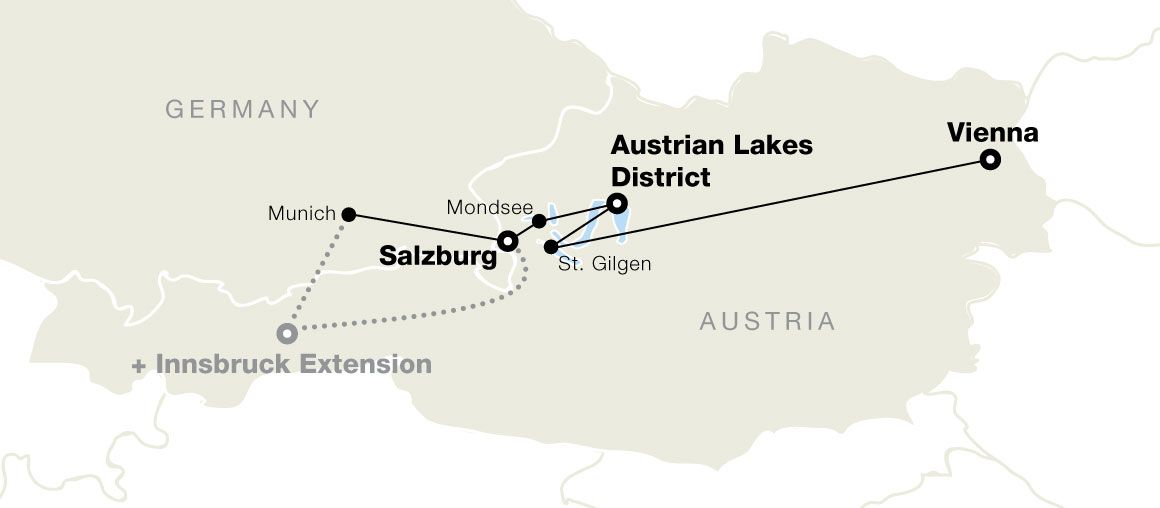 Map showing a travel route in Austria from Vienna to Salzburg, including the Austrian Lakes District and Innsbruck Extension.