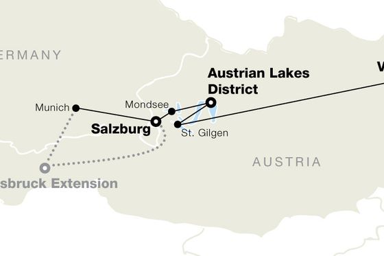Map showing a travel route in Austria from Vienna to Salzburg, including the Austrian Lakes District and Innsbruck Extension.