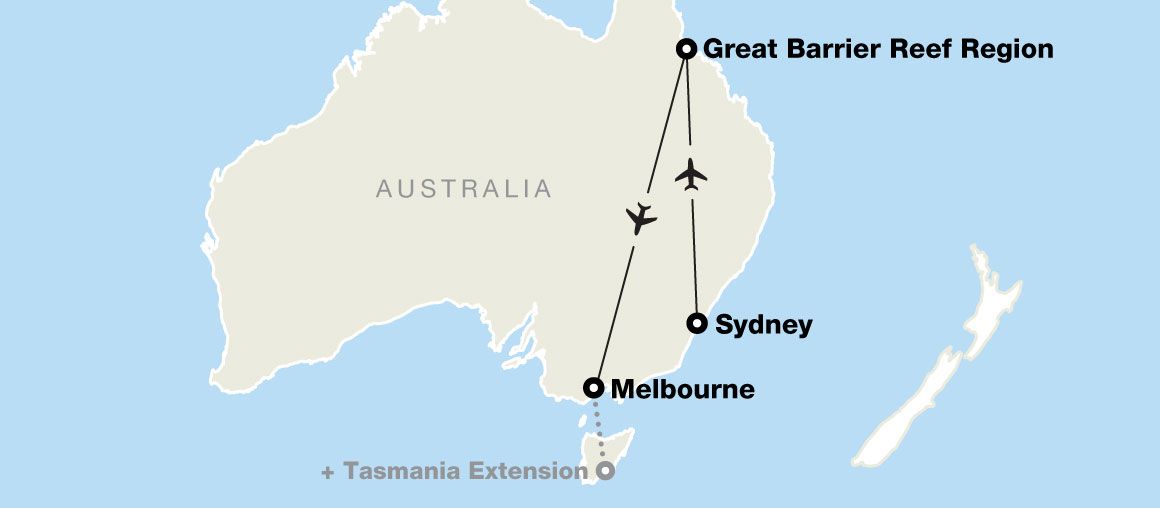 Map of Australia showing flight paths between Melbourne, Sydney, and the Great Barrier Reef Region, with a Tasmania extension noted.