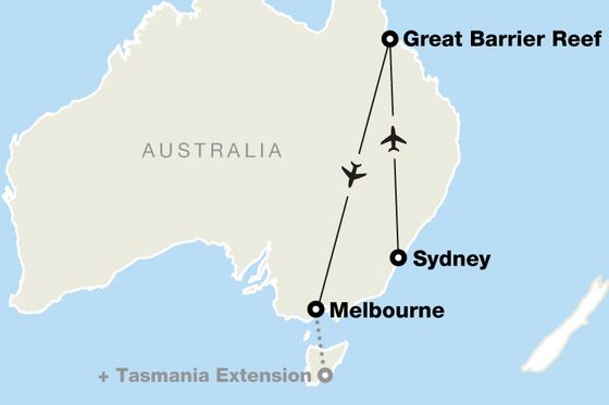 Map of Australia showing flight paths between Melbourne, Sydney, and the Great Barrier Reef Region, with a Tasmania extension noted.