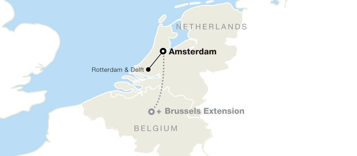 Map showing Amsterdam in the Netherlands and highlighting cities Rotterdam, Delft, and a possible extension to Brussels, Belgium.