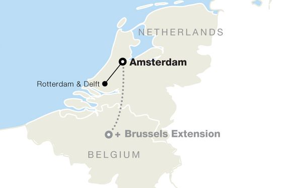 Map showing Amsterdam in the Netherlands and highlighting cities Rotterdam, Delft, and a possible extension to Brussels, Belgium.