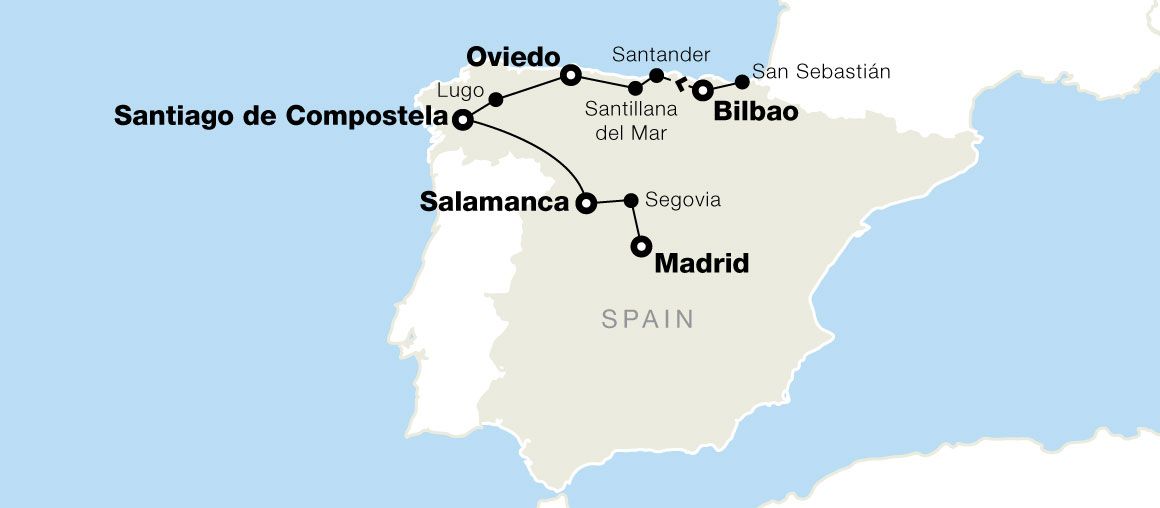 Map of Spain highlighting major cities: Santiago de Compostela, Oviedo, Bilbao, Salamanca, and Madrid, with connecting routes.